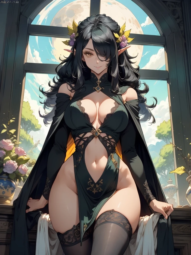 pointy ears, 1girl, breasts, hair over one eye, large breasts, yellow eyes, dress, cape, solo, cleavage, smile, elf, looking at viewer, hair ornament, pelvic curtain, covered navel, black hair, long hair, black dress, window, cloak, thighhighs, indoors, flower Beautiful anime goddess with long green hair, wearing a short dress, breasts, anime key look, moon, large breasts, intricate, hips, highly detailed, wide hips, breathtaking beauty, vibrant and sharp focus, illustration