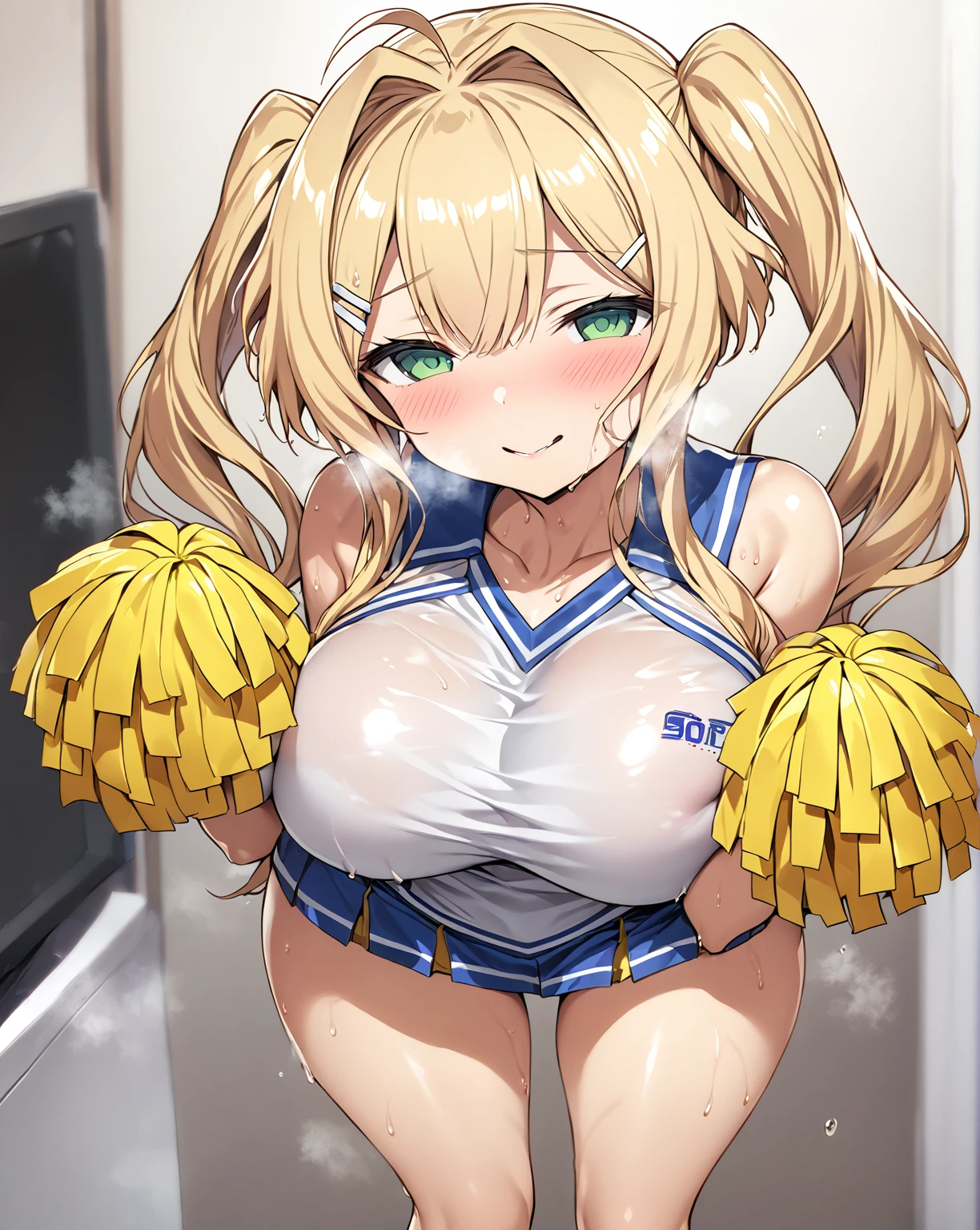 (((score_9, score_8_up, score_7_up,
1girl,solo,long hair,blonde hair,green eyes,ahoge,white hairpin,hair intakes,bow,hairclip,twintail hair,))),((Perfect body,))((Super beautiful,))((High quality,)),(Heavy breathing,saliva,blush, sweat, Sweaty and wet all over,Steam,)((iyojima anzu, blond hair,green eye,))((gigantic breast)),((Perfect body,))((Super beautiful,))((High quality,))((Cheerleader costume,pom pon,)),pov,Looking at Viewer,looking shyly smile,Close mouth,nipple,half open eyes,