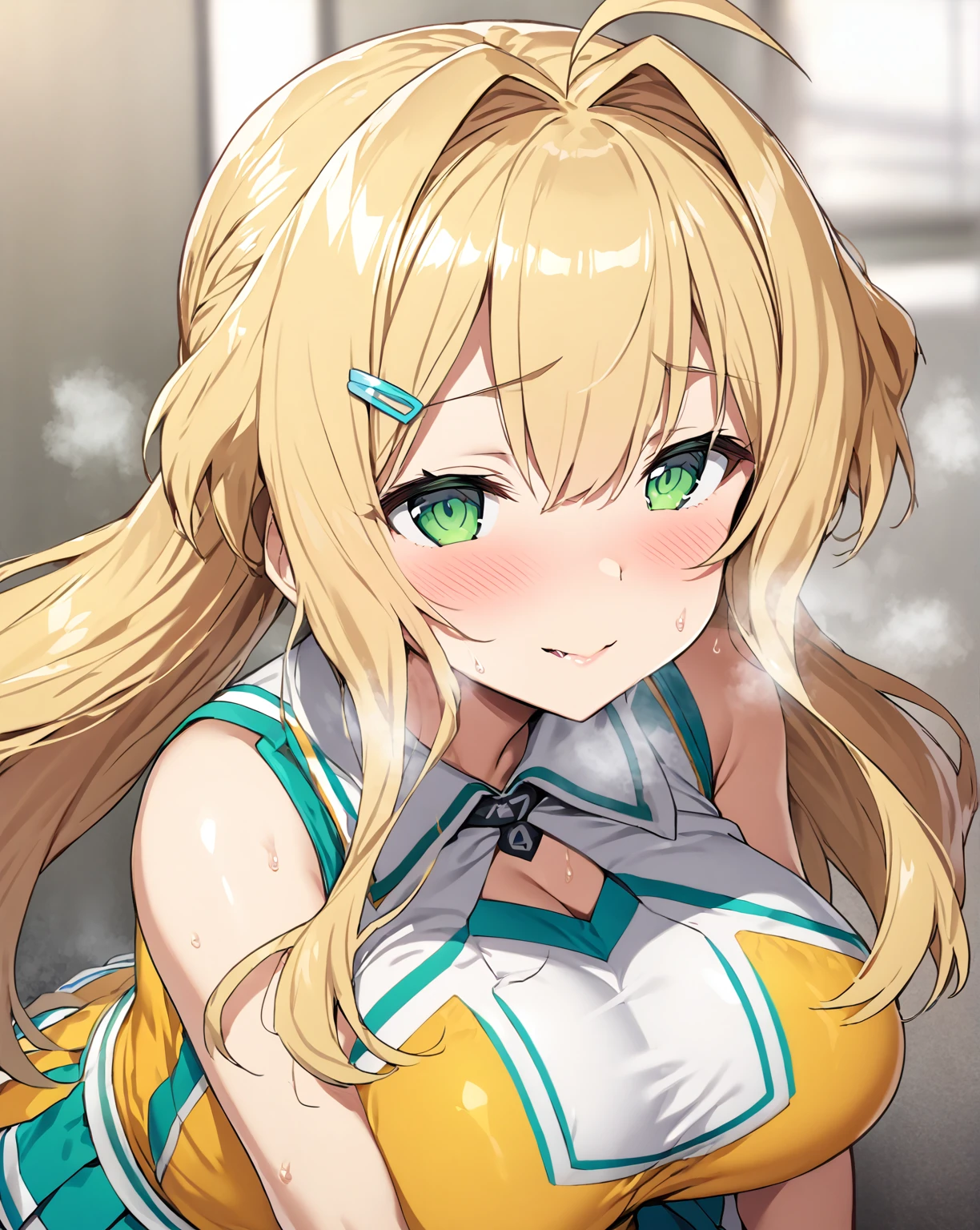 (((score_9, score_8_up, score_7_up,
1girl,solo,long hair,blonde hair,green eyes,ahoge,white hairpin,hair intakes,bow,hairclip,twintail hair,))),((Perfect body,))((Super beautiful,))((High quality,)),(Heavy breathing,saliva,blush, sweat, Sweaty and wet all over,Steam,)((iyojima anzu, blond hair,green eye,))((gigantic breast)),((Perfect body,))((Super beautiful,))((High quality,))((Cheerleader costume,pom pon,)),pov,Looking at Viewer,looking shyly smile,Close mouth,nipple,half open eyes,