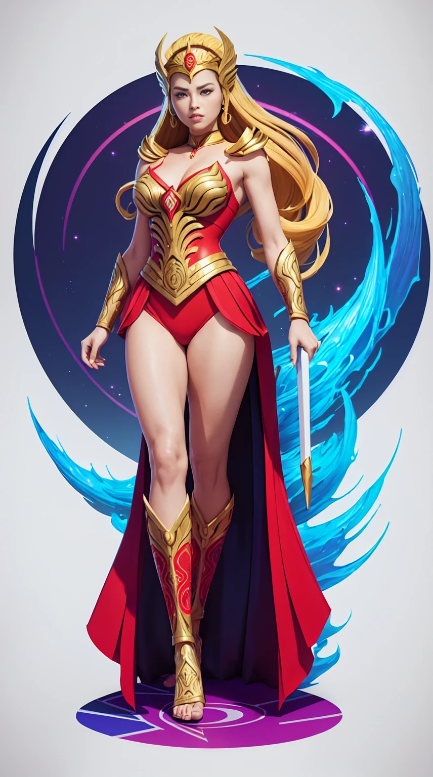 ((Full body photo, standing, feet on the ground))  She-ra, TM Samurai, intricate face details, poster style, icons, vibrant colors, vector style, digital art, 4K, intricate details, mesmerizing, professionally made, beautiful vector illustration, 12K resolution, 3D, all characters in detailed full body, highly detailed, vibrant, ultra high quality, Hyperrealism, Photorealism, octane render]