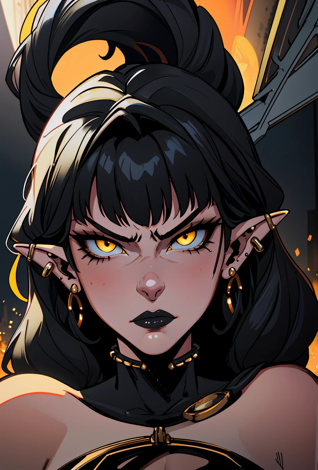 high détail, work of art, dramatic lighting(absurderes, high resolution, ultra detaild), extremely detailed 8k CG unit. mature face, adult Woman, Woman, mature Woman, elf, piercings, Short Wavy Black Hair and Bangs, (black hair), yellow eyes, modest black clothes, mad expression, angry, whole body.