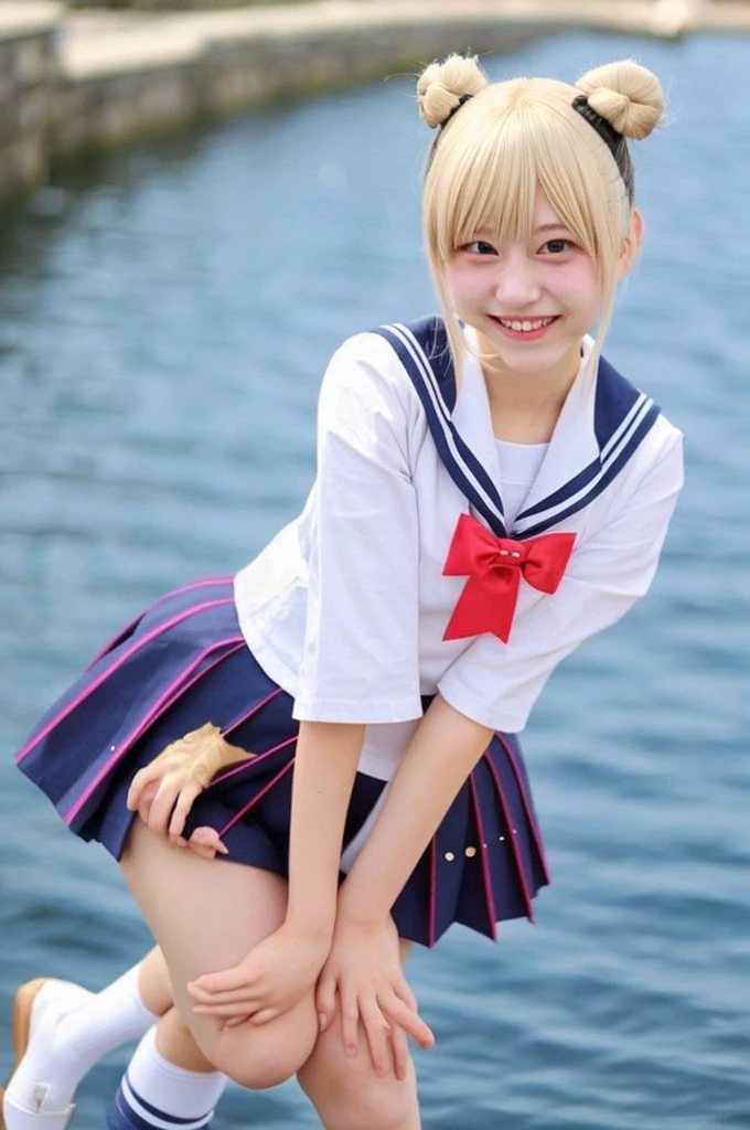 Japanese、15 years old、Sailor Moon Cosplay、Bun Head、Blonde、Long Hair、smile、pose