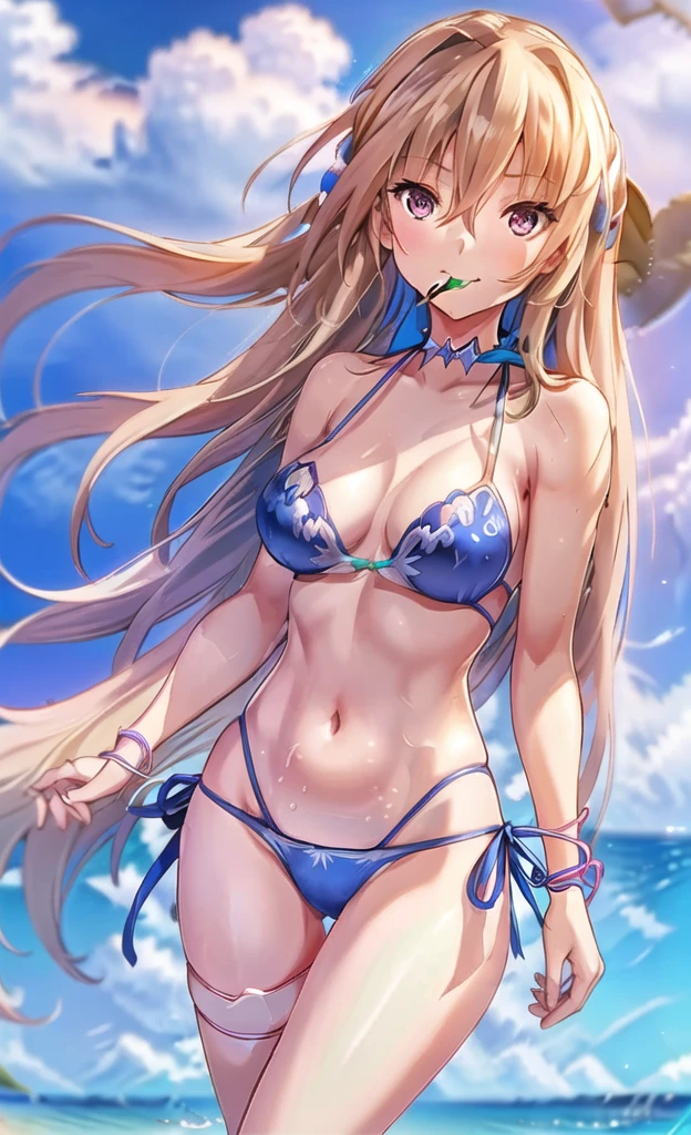 Anime Artwork Highly Detailed CG Unity 8K Wallpaper, Realistic, A girl by Guido Daniele, Swimwear, Long Hair, chest, (((A blue bikini with a flashy pattern))), alone, belly button, Day, Outdoor, chestの谷間, Blue bikini with a flashy pattern, Blonde, smile, null, blue null, very Long Hair, cloud, medium chest, side-tie bikini bottom, Blurred, clavicle, ribbon, Mouth closed, Blurred background, Thigh Gap, put your hands in your hair, thigh ribbon, Halter neck, Are standing, jewelry, handrail, bangs, Stomach, Thigh straps, Floating Hair, Bare shoulders ,(((Accurate 5-finger))),