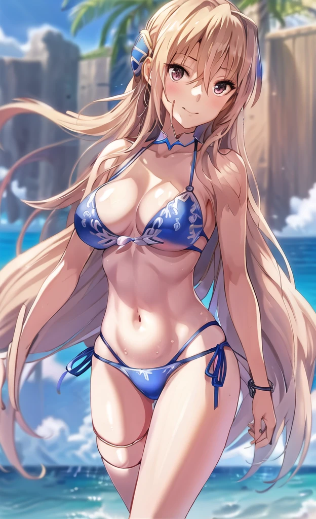 Anime Artwork Highly Detailed CG Unity 8K Wallpaper, Realistic, A girl by Guido Daniele, Swimwear, Long Hair, chest, (((A blue bikini with a flashy pattern))), alone, belly button, Day, Outdoor, chestの谷間, Blue bikini with a flashy pattern, Blonde, smile, null, blue null, very Long Hair, cloud, medium chest, side-tie bikini bottom, Blurred, clavicle, ribbon, Mouth closed, Blurred background, Thigh Gap, put your hands in your hair, thigh ribbon, Halter neck, Are standing, jewelry, handrail, bangs, Stomach, Thigh straps, Floating Hair, Bare shoulders ,(((Accurate 5-finger))),