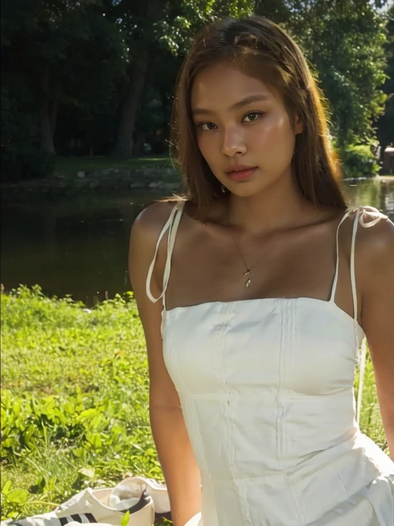 A girl in a white dress sitting on the grass. Linsa girl with light brown hair, Jennie kim.