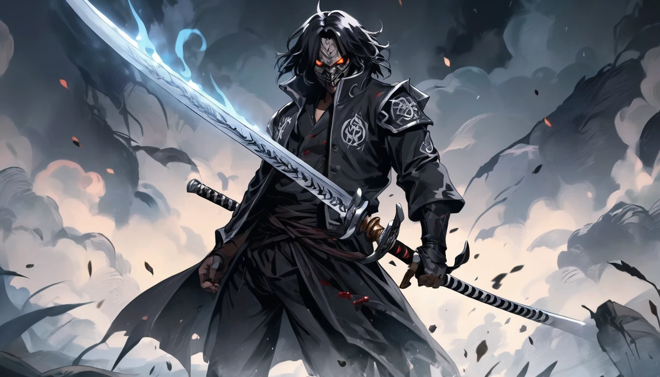 demon mask, sword on the hand,close up, black heavy detailed clothes, hand katana, art, dark and malevolent, hand sword, armor, powerful and intimidating, (masterpiece, best quality, ultra-detailed, best shadow), (detailed background, dark fantasy) dramatic light, intricate details, dark and malevolent, powerful and intimidating, Dark and foreboding, malevolent force, sinister and chilling, armor, high detailed background, girl in demon slayer art, demon slayer art style, epic anime art, God death