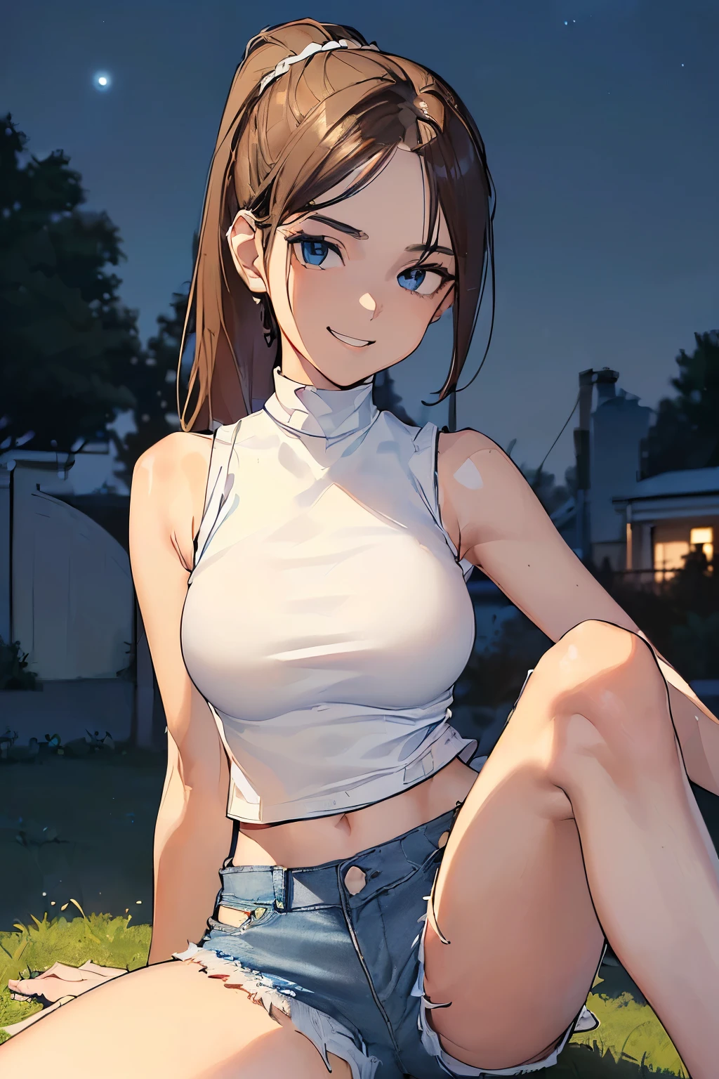 ((best quality)), ((masterpiece)), ((detailed)), (((perfect face))), (((slender 18yo teenage girl))), (((((tight sleeveless white shirt))))), ((((skin-tight shirt)))), (((midriff))), (((bare arms))), (((bare shoulders))), ((((cut off denim shorts)))), ((dark brown hair)), ((short ponytail)), (((blue eyes))), ((smiling)), (((sitting on grass, legs together))), ((((suburban backyard, night time)))), ((((detailed background))))