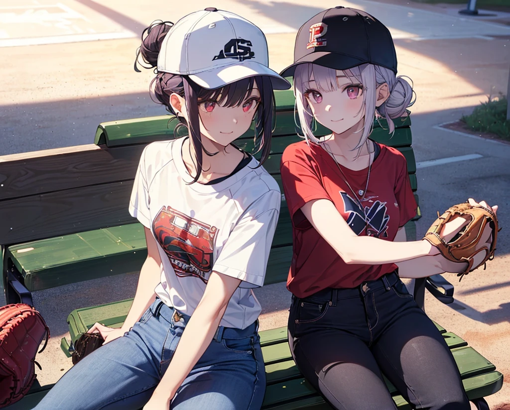 (Close-up:1.3),Realistic,Highest quality, Super detailed, High-quality CG rendering, The most delicate and beautiful, Floating softly, High resolution, (1 girl), (Highest quality,4K,8K,masterpiece:1.2 Light purple hair,(Hair in a bun:1.5),Red eyes,(Pure white oversized short sleeve T-shirt:1.3),(Black skinny jeans:1.3),(Pure white baseball cap:1.3),In the city,old buildings,(Sitting on a bench:1.4),smile