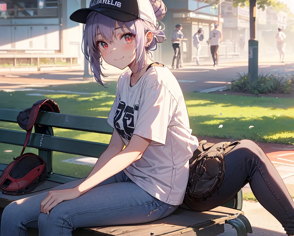 (Close-up:1.3),Realistic,Highest quality, Super detailed, High-quality CG rendering, The most delicate and beautiful, Floating softly, High resolution, (1 girl), (Highest quality,4K,8K,masterpiece:1.2 Light purple hair,(Hair in a bun:1.5),Red eyes,(Pure white oversized short sleeve T-shirt:1.3),(Black skinny jeans:1.3),(Pure white baseball cap:1.3),In the city,old buildings,(Sitting on a bench:1.4),smile