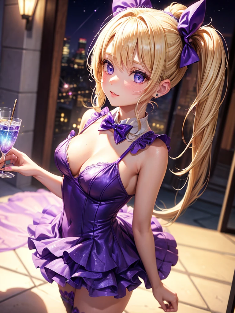 an adult woman, blonde with two pigtails with a purple bow each, purple dress with sparkles and diamonds, short and gala, with an opening in its pirrna, she has blue eyes, is at a late night dinner in a wealthy place 