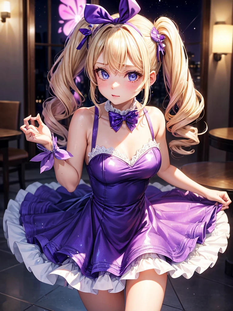 an adult woman, blonde with two pigtails with a purple bow each, purple dress with sparkles and diamonds, short and gala, with an opening in its pirrna, she has blue eyes, is at a late night dinner in a wealthy place 