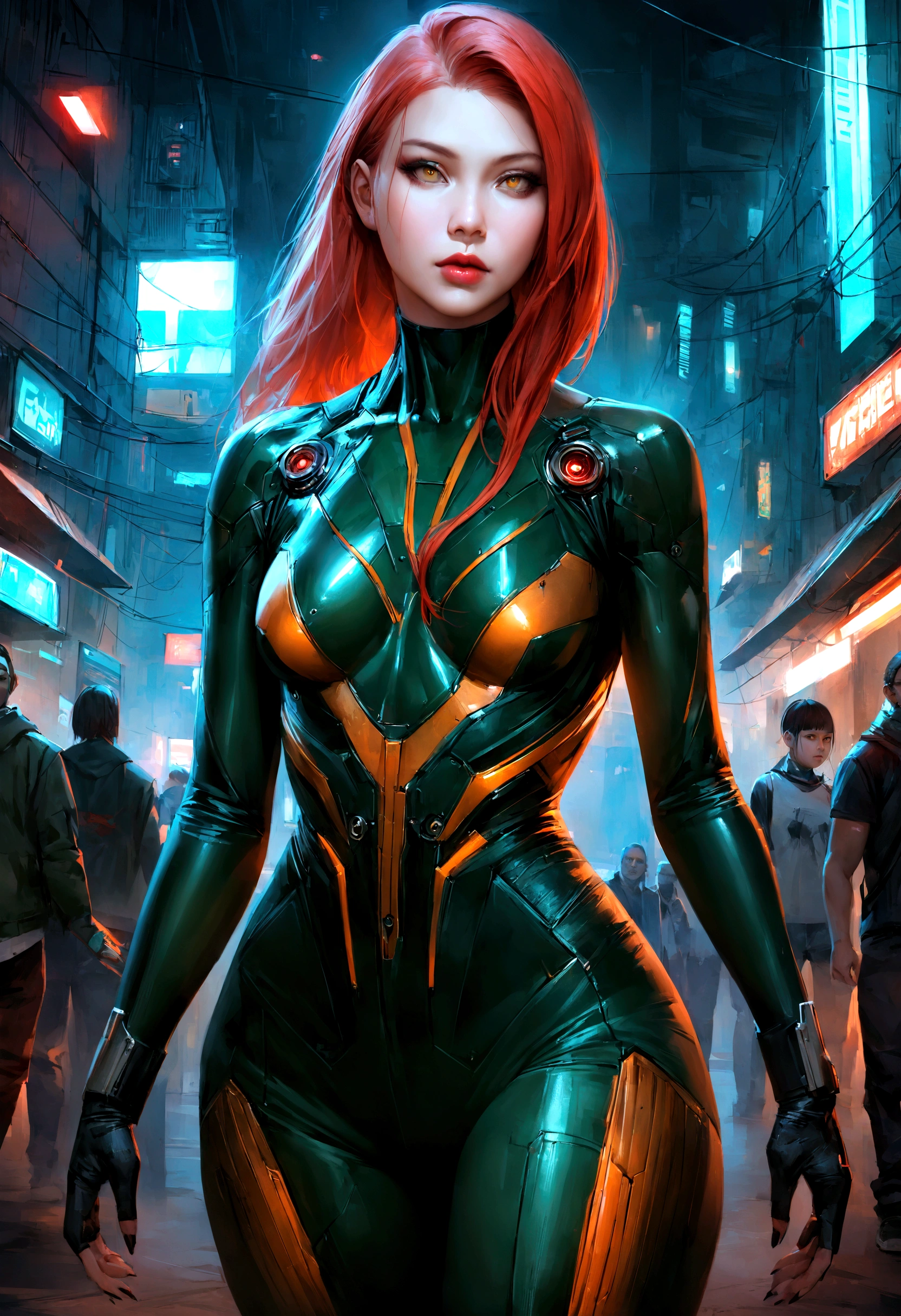 Animatrix style, ultra-realistic, cyberpunk, science fiction, character, feminine, ultra textured, perfect face. A beautiful red-haired mechanic has mutant powers, she is powerful and walks empowered in the middle of a mutant suburb. Her clothing has dark red, dark green and dark yellow colors.