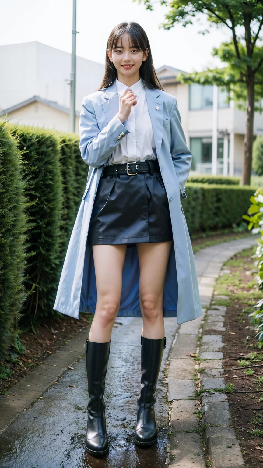 (8K、RAW Photos、Highest quality、masterpiece:1.2)、(Realistic、Realistic)、1 Girl、((Check mini skirt、light blue long coat、black、Thin legs、whole body、boots、one piece、tights、garden、View from the front、smile、Looking into the camera、belt、Stand with hands on hips))、cute