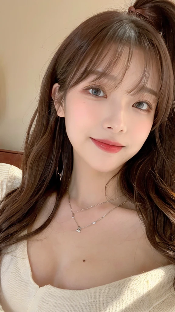 （The best product，High resolution，masterpiece：1.3），A sexy and beautiful Japan，slim body，（（side parted bangs，Brown hair，Fluffy wavy style））、Tie a ponytail、Beautiful and smooth vary big breasts、Show cleavage，wearing a pendant，（The background is on the bed ）,Delicate sunlight、in bright room，Details on faces and skin textures are beautifully rendered，Delicate and sexy eyes，double eyelids、Sexy lips biting、facing the audience、Sexy expression、The body is soaked、full-body shot、Sexy relaxed forward position、a pendant,wearing a suit、Makeup、full-body shot、Smile、delicate eyes、havy sexy makeup、full-body shot,There is a small mole under the right eye 、Gray pupil