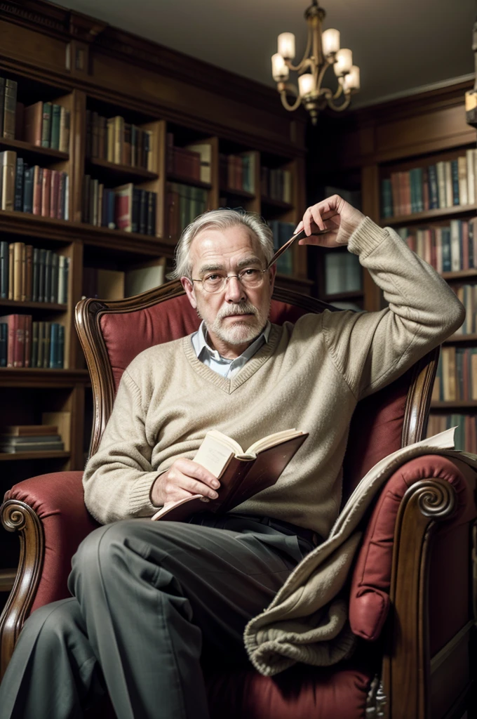 create an image of a 60-year-old man sitting in an antique armchair reading a book inside a library