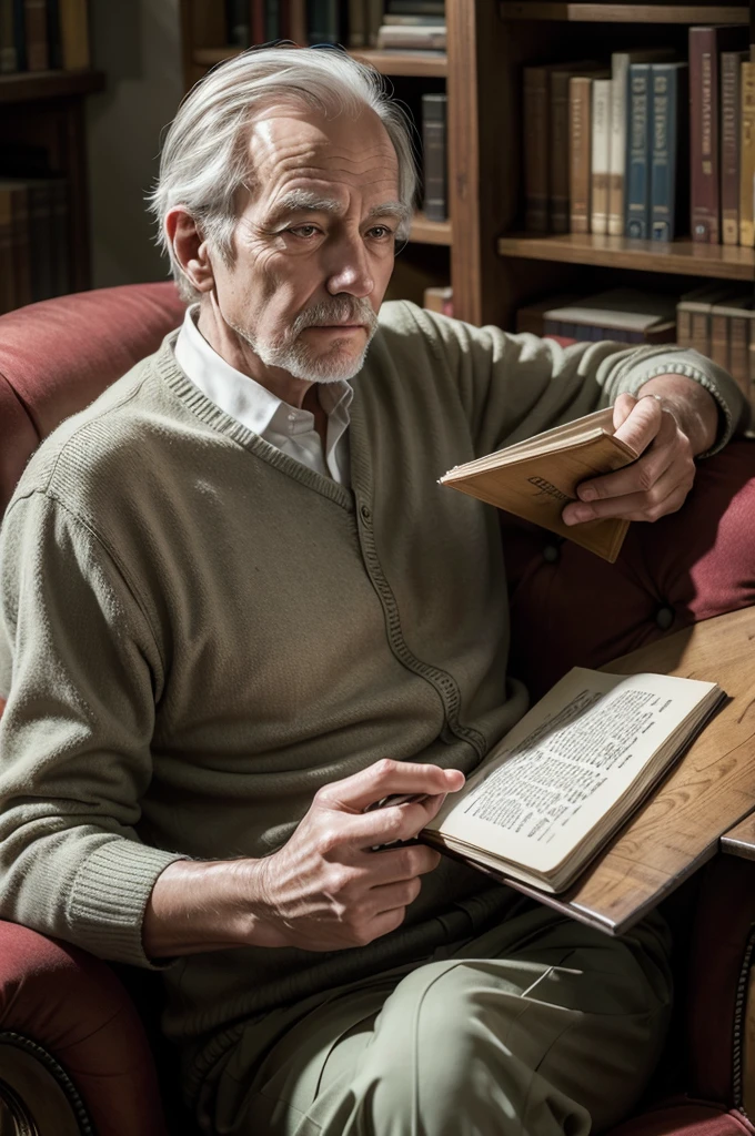 create an image of a 60-year-old man sitting in an antique armchair reading a book inside a library