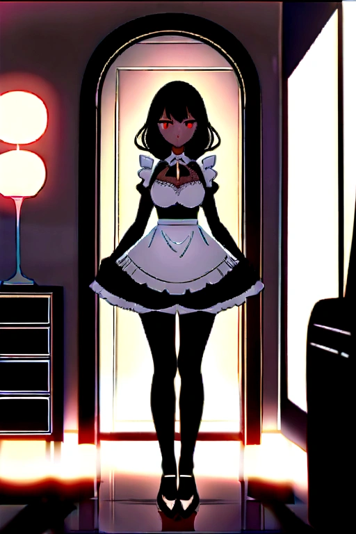 a beautiful woman standing in front of a large mirror, with a curved body. She wore a black maid costume or maid outfit with white lace accents on the edges, and a white belt with a ribbon decoration on the front. The costume consists of a short dress with thin straps and a miniskirt, complemented by a white choker. The woman also wore black fishnet stockings and black high heels with red soles. Her hair is long and has a modern style. In the background, there is a tidy bedroom with some furniture, like a dressing table. The lighting in this room is bright. 