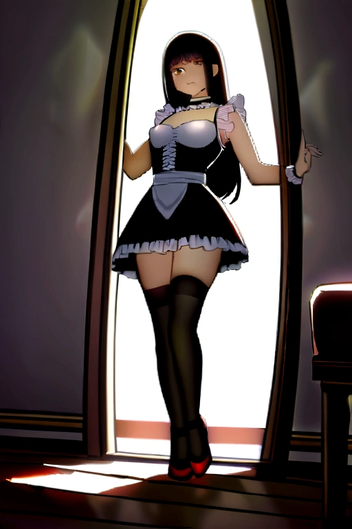 a beautiful woman standing in front of a large mirror, with a curved body. She wore a black maid costume or maid outfit with white lace accents on the edges, and a white belt with a ribbon decoration on the front. The costume consists of a short dress with thin straps and a miniskirt, complemented by a white choker. The woman also wore black fishnet stockings and black high heels with red soles. Her hair is long and has a modern style. In the background, there is a tidy bedroom with some furniture, like a dressing table. The lighting in this room is bright. 