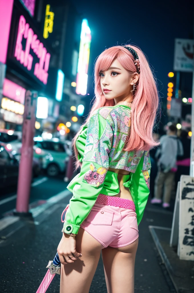 (stick out butt:1.3),(Pink Hair :1.3),masterpiece, Highest quality, Wear unique Harajuku style clothing,The mint green colour stands out,Bold colors and patterns, Eye-catching accessories, Trendy and innovative hairstyles, Bright makeup, Stunning cyberpunk cityscapes, Skyscraper, Neon Signs, LED Light, Bright and vivid color scheme, anime, shape, Fine skin, High quality fabric, Intricate details, Very detailed,Low - Angle, whole body, vision(avert your eyes:1.4),Dynamic pose、Hand holding a sword、With a sword in hand.