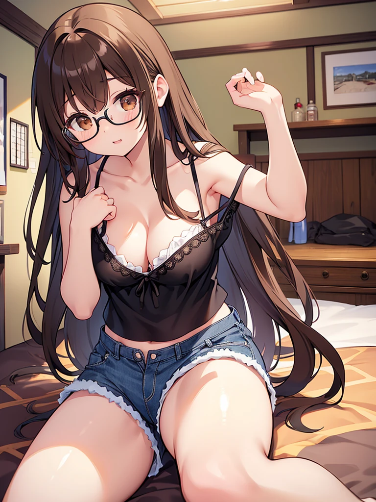 1 Female、Brown hair、Brown Eyes、Best Quality、Super detailed、8 Resolution、Raw photo、Mastepiece、Perfect Body、high resolution、Highest quality、Detailed drawing、Vibrant colors、lure、Long Hair、Black-rimmed glasses、Captivating 、camisole、Shorts、Japanese-style room