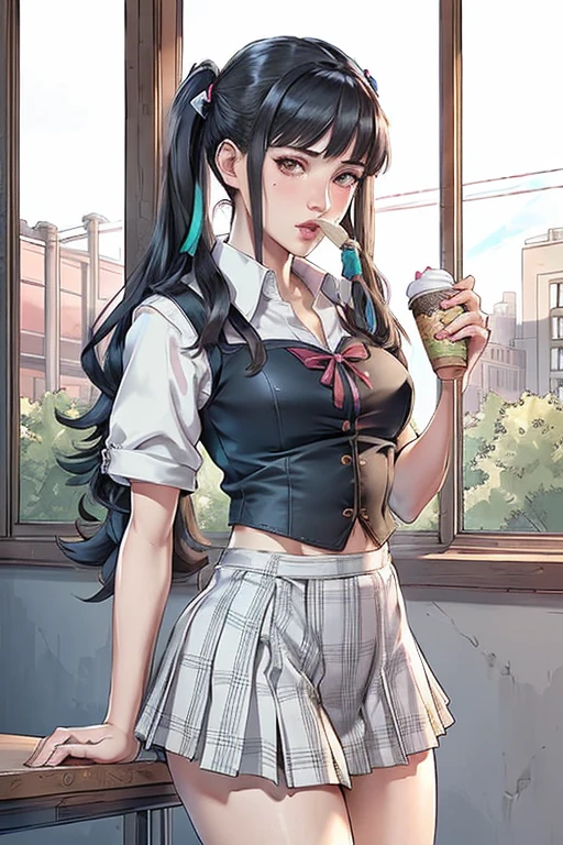 ((best qualityer), (hyperrealisti), mh-yk, Occupation: college student. Appearance: A slender young woman with long black hair styled in twintails. she has fair skin, striking features and intense dark eyes that convey intelligence and focus. Her outfit consists of a white blouse, black vest e plaid hip skirt, highlighting university uniform Clothing: white blouse, black vest, plaid hip skirt (schoolar uniform) funny scene, eating ice cream cone in the park and spills it on his shirt, confused expression. (detailed scene,cinematic,natural lighting)art inspired by Alphonse Mucha