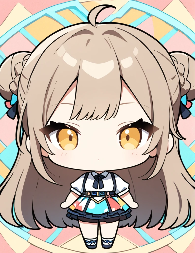 Icon-style illustration、(uhd:1.2),(Absurd:1.2),(High resolution:1.2),(best quality:1.2),chibi,cute girl,Colorful pattern for background、Bun Hair、front Cut