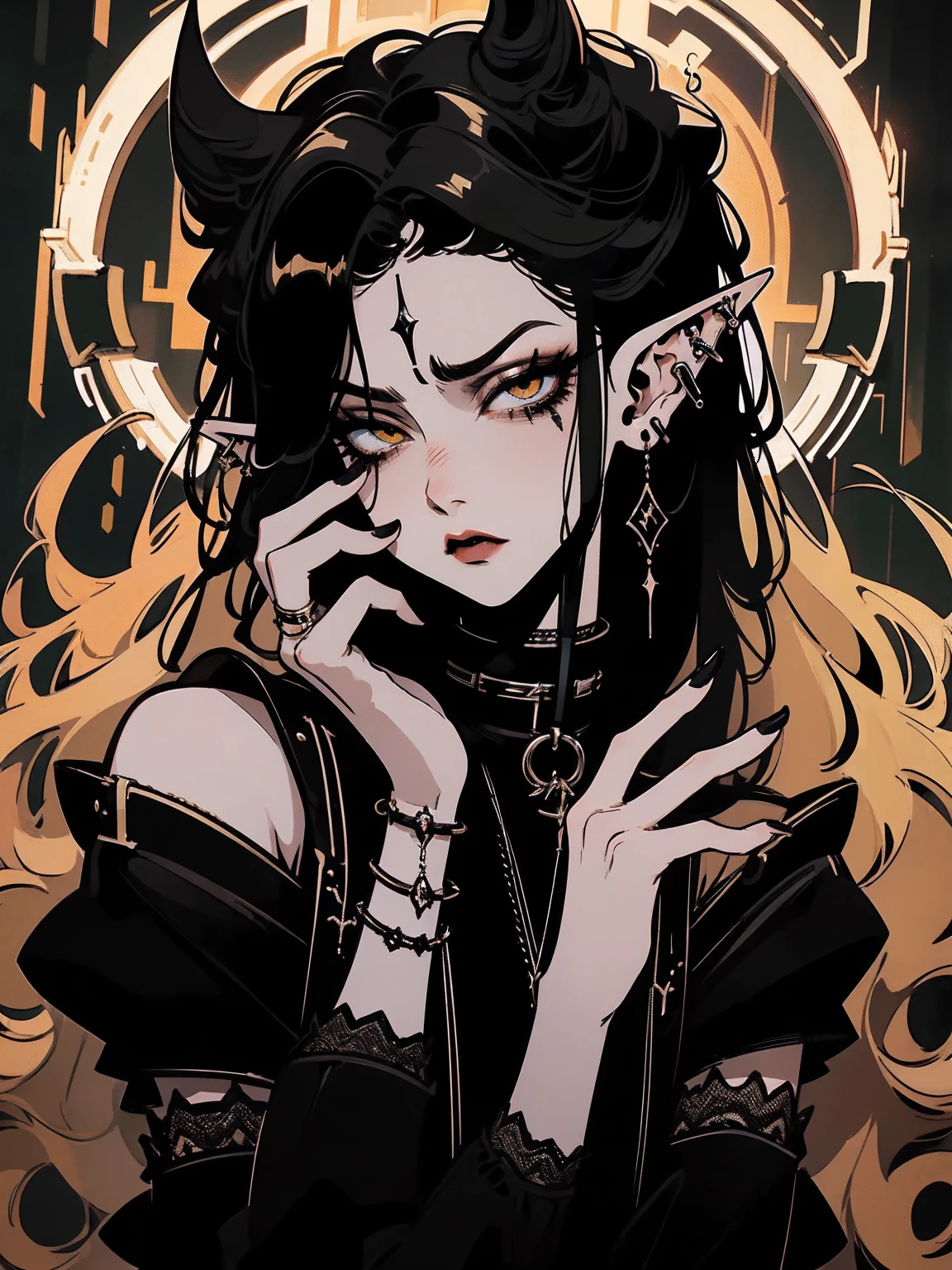 high détail, work of art, dramatic lighting(absurderes, high resolution, ultra detaild), extremely detailed 8k CG unit. mature face, adult Woman, Woman, mature Woman, elf, piercings, Short Wavy Black Hair and Bangs, (black hair), yellow eyes, modest black clothes, mad expression, angry, whole body.