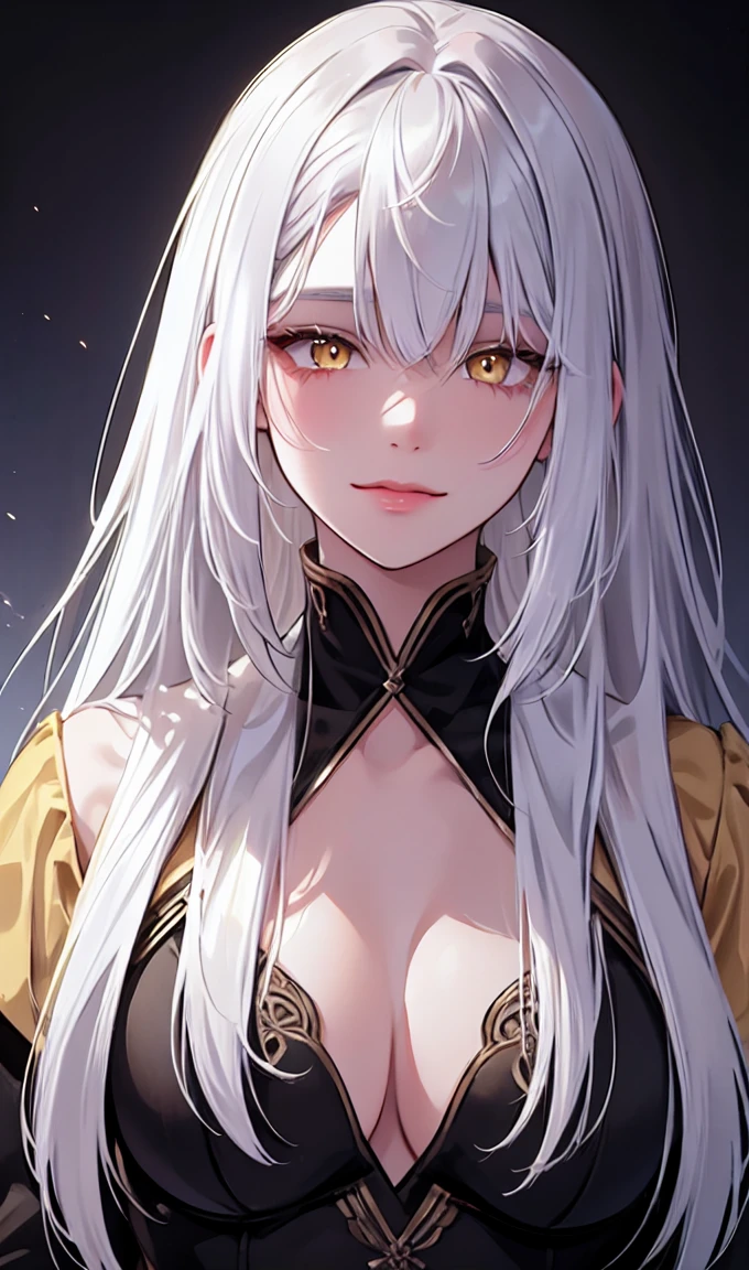 1girl, full view, solo,lips, female focus, yellow eyes, looking at viewer, white hair, long hair, closed mouth, smile