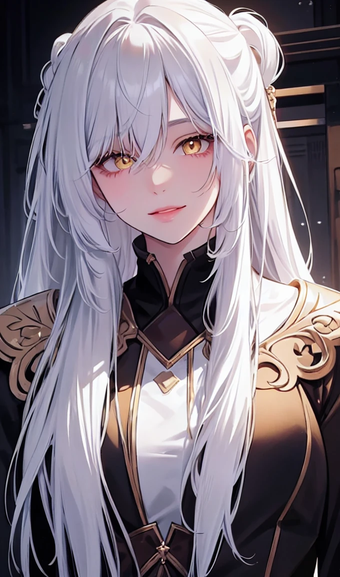 1girl, full view, solo,lips, female focus, yellow eyes, looking at viewer, white hair, long hair, closed mouth, smile