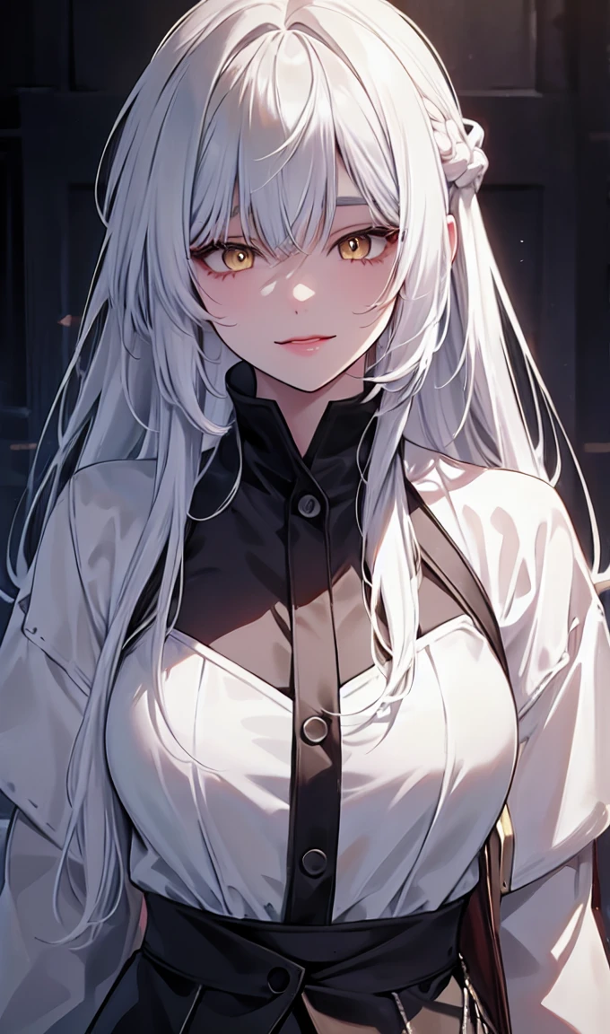 1girl, full view, solo,lips, female focus, yellow eyes, looking at viewer, white hair, long hair, closed mouth, smile
