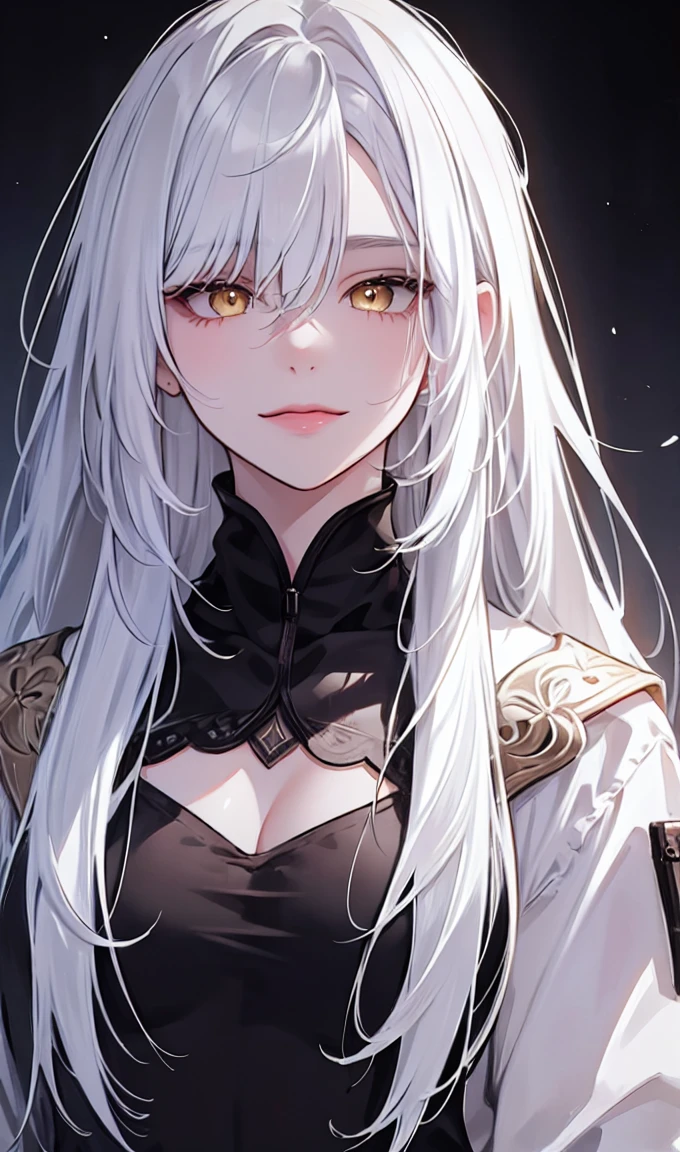 1girl, full view, solo,lips, female focus, yellow eyes, looking at viewer, white hair, long hair, closed mouth, smile