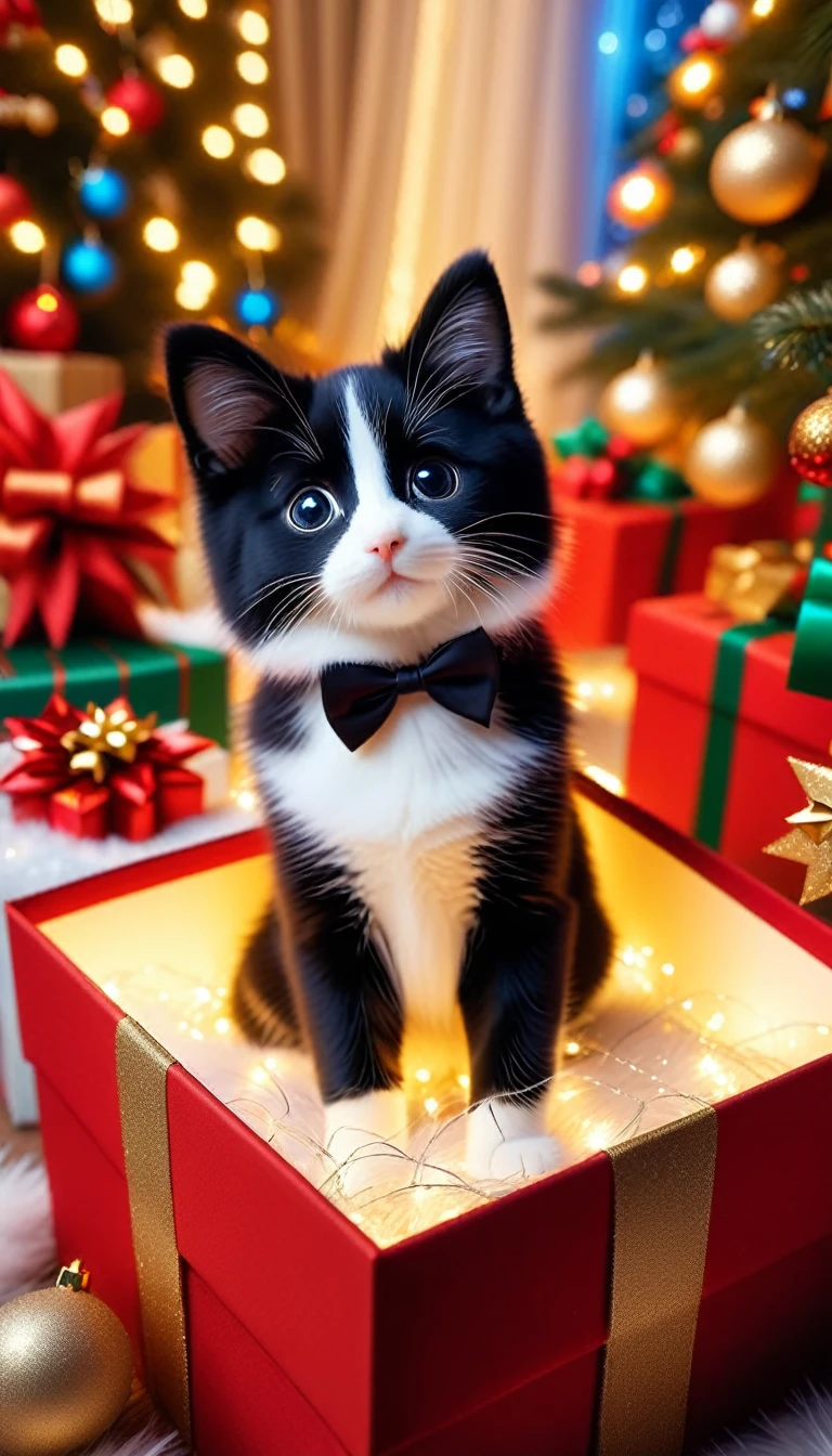 (8K Masterpiece, best quality:1.2) Apoloniasxmasbox style, 一只cute的小象 ((Tuxedo)) In a gift box under the Christmas tree, His big、Fun eyes full of life, Its nose waving in the air，Show surprise and joy, Delicate low light, Christmas atmosphere, Warm, cute, Festive