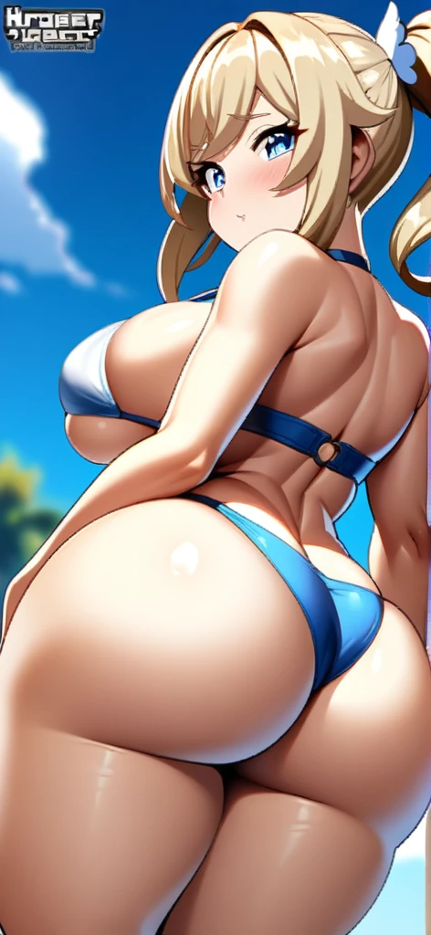 anime girl barbara (genshin impact) busty with thick thighs and big ass bigger than thighs and head and body with blonde braided hair hyper ass, ass view in a bikini