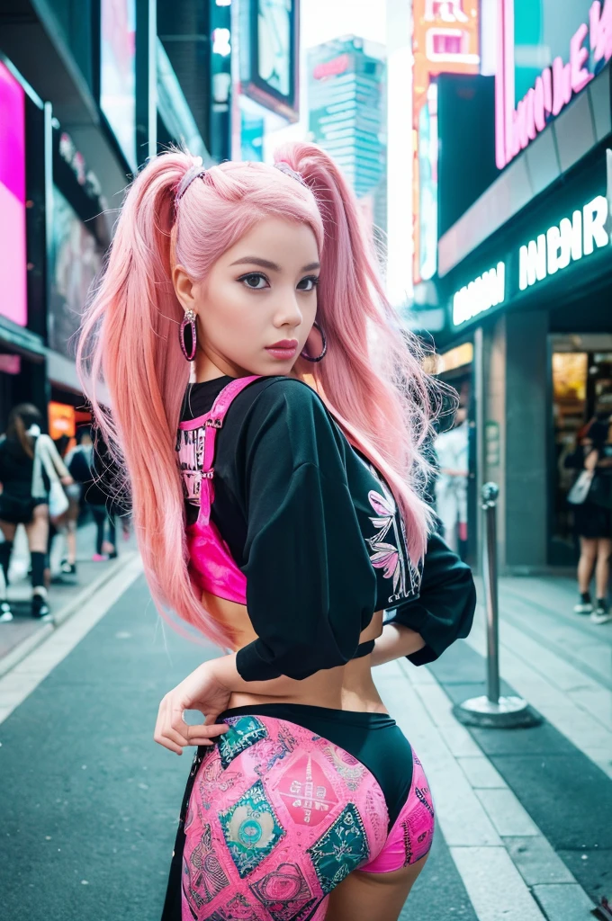 (show your butt hole:1.3),(Pink Hair :1.3),masterpiece, Highest quality, Wear unique Harajuku style clothing,The mint green colour stands out,Bold colors and patterns, Eye-catching accessories, Trendy and innovative hairstyles, Bright makeup, Stunning cyberpunk cityscapes, Skyscraper, Neon Signs, LED Light, Bright and vivid color scheme, anime, shape, Fine skin, High quality fabric, Intricate details, Very detailed,Low - Angle, whole body, vision(avert your eyes:1.4),Dynamic pose、Hand holding a sword、With a sword in hand.