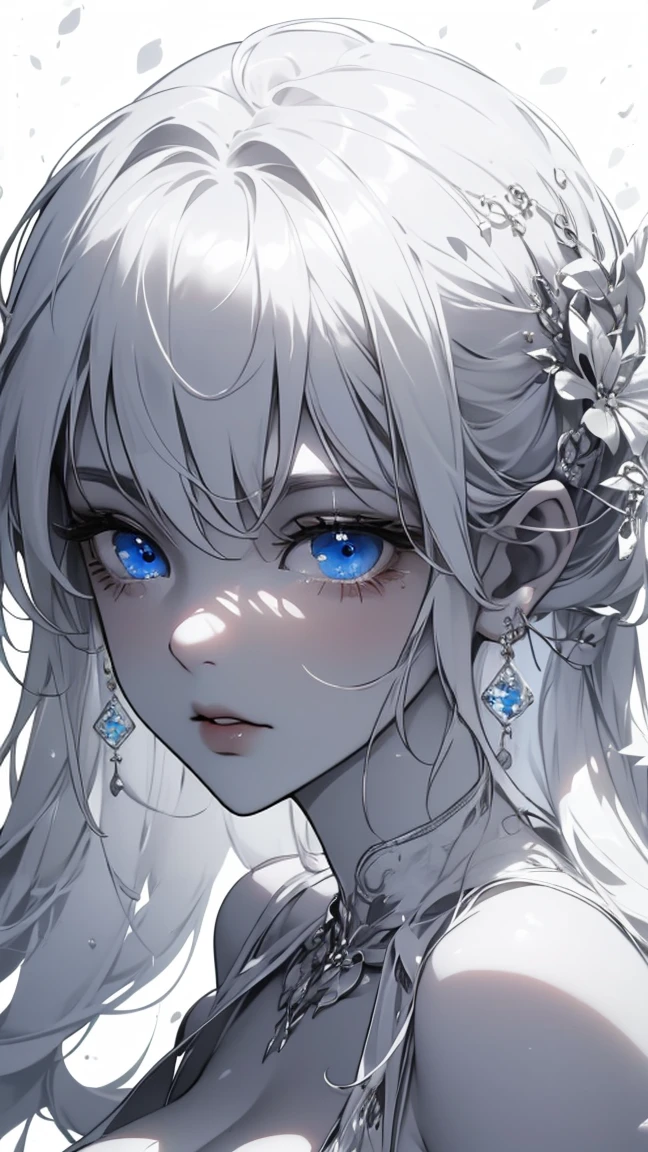 (masterpiece),((Highly detailed long silver hair)),((expressive blue eyes)),(Highly detailed white dress),deep cleavage,happy expression,extremely beautiful mature woman, milf,pale white skin,silver jewelry,best quality,cel shading,8K HD,highly detaild face, highly detaild eyes,flat color,(close angle),high contrast,contrapposto,white background