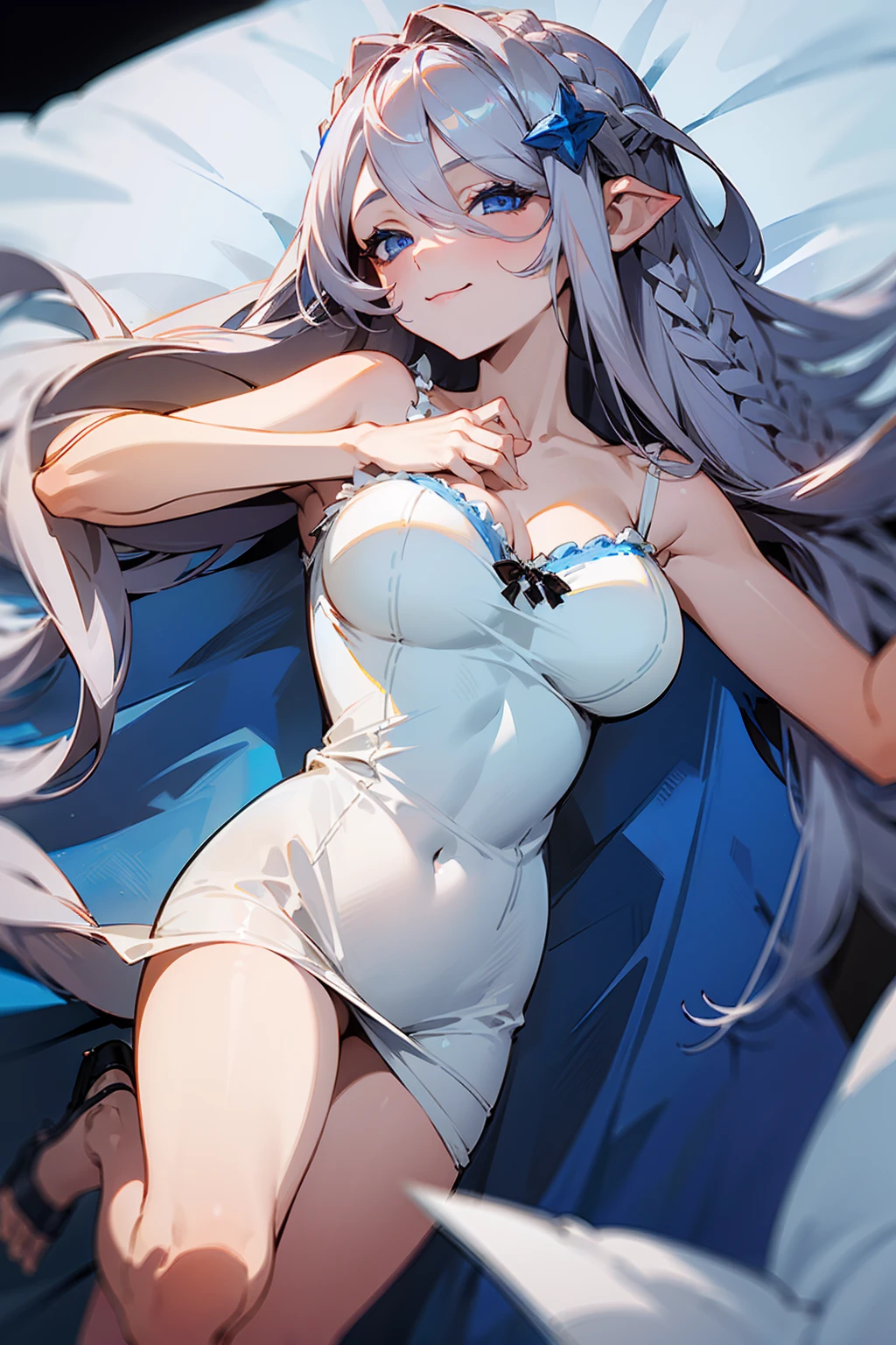 (((1 woman))), ((detailed blue eyes)), ((long silver hair)), large breasts, perfectly drawn body, seductive smile, white nightgown, best quality, masterpiece, ultra-detailed