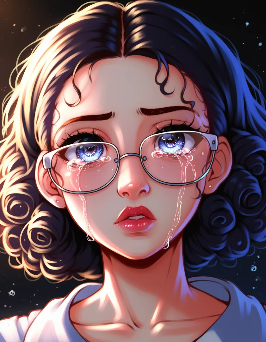 crybaby, crying, tears, eye focus, 1girl, solo, black background,, score_9, score_8_up, score_8, score_7_up, score_7,, silhouette glowing tears, solo, portrait, black_eyes eyeless empty_eyes, (1girl, solo, college girl,  black-rimmed glasses askew, frizzy curls messy bun), crying, in bed, dynamic pose, dutch angle, bokeh, 4k, highly detailed, big circular reflective eyes, dof, (cinematic film), Disney realism, Pixar style, subtle fine details, HDR, octane render, incredible composition, superb lighting and detail