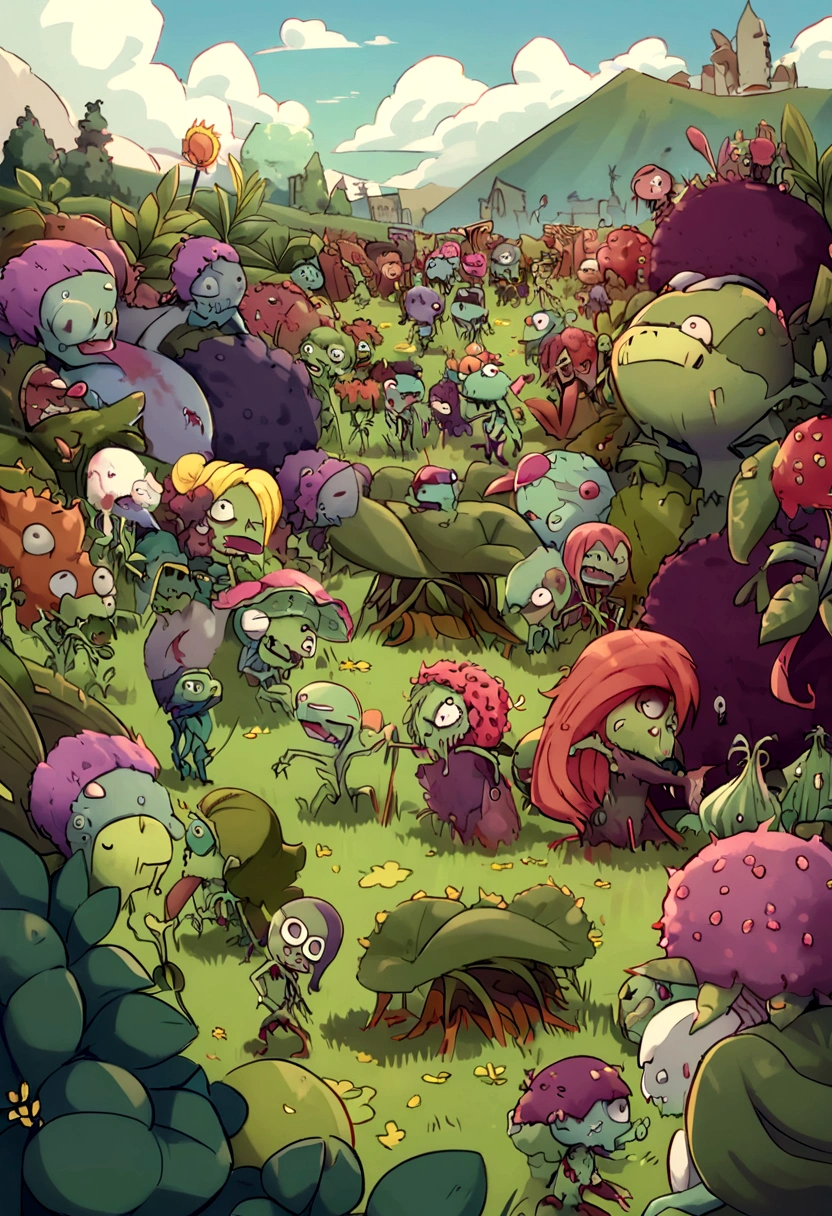 a horde of zombies, a plant attacking zombies, a garden overrun by zombies, a battle between plants and zombies, a post-apocalyptic scene with plants fighting zombies, a surreal landscape with mutant plants and zombies, a dark twisted plant vs zombie fantasy scene, a lush overgrown garden infested with the undead, a bizarre hybrid plant-zombie creature, a verdant battlefield of carnivorous plants and zombies