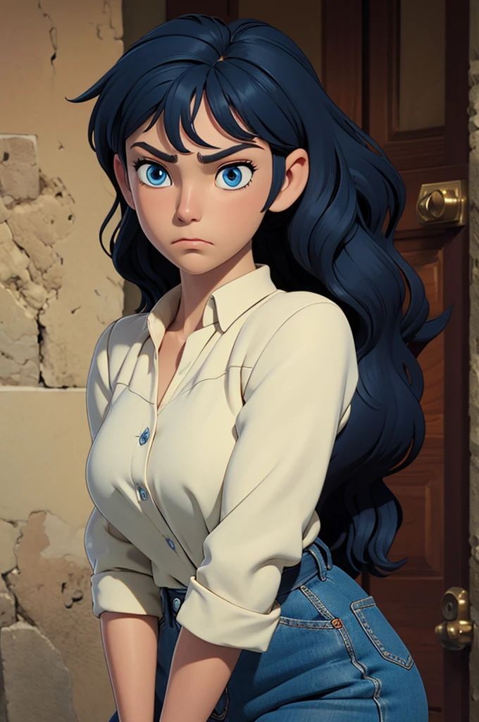 Curvy blue eyed girl with long wavy black hair and small breasts, (cruel_expression):4.0, lewd:2.0, (pubic_stubble):3.0