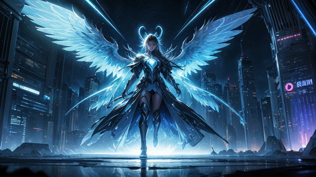 ((masterpiece, Highest quality, Best image quality, High resolution、4k)) An angel in the center of the screen、Glowing white wings、Glowing halo、Cyberface。Wearing a flowing ethereal robe、god々Shining with a bright light。Glowing blue eyes and advanced cybernetic enhancements. Seen in dynamic action poses, reflection on a smooth surface. The cityscape below is filled with towering skyscrapers., illuminated by colorful holographic advertisements, Shining with blue energy, Mighty power. The overall atmosphere is dark and mysterious., It had a futuristic techno vibe.. The lighting is dramatic, Intense highlights and deep shadows, Creates depth and tension