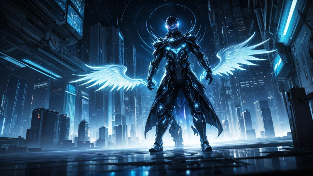 ((masterpiece, Highest quality, Best image quality, High resolution、4k)) An angel in the center of the screen、Glowing white wings、Glowing halo、Cyberface。Wearing a flowing ethereal robe、god々Shining with a bright light。Glowing blue eyes and advanced cybernetic enhancements. Seen in dynamic action poses, reflection on a smooth surface. The cityscape below is filled with towering skyscrapers., illuminated by colorful holographic advertisements, Shining with blue energy, Mighty power. The overall atmosphere is dark and mysterious., It had a futuristic techno vibe.. The lighting is dramatic, Intense highlights and deep shadows, Creates depth and tension