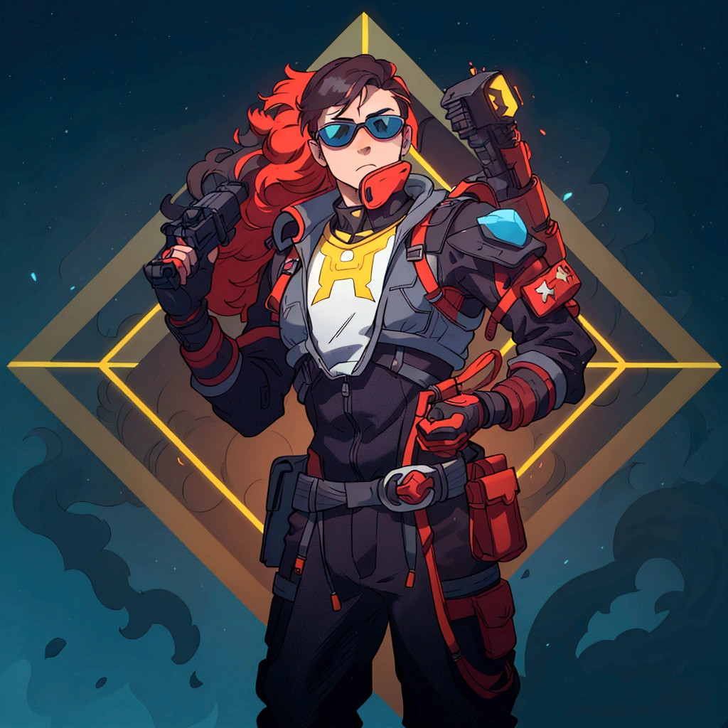 In the center of a vibrant digital artwork, a male character stands confidently with his hands on his hips. He is adorned in a sleek gray and red suit that is equipped with a helmet and goggles, suggesting he might be prepared for an adventure or battle. His attire is completed with a pair of sunglasses, adding to his cool demeanor. In his right hand, he holds a gun, ready for action. The backdrop is a striking contrast with its blue and yellow geometric shapes, enhancing the overall futuristic theme of the image.