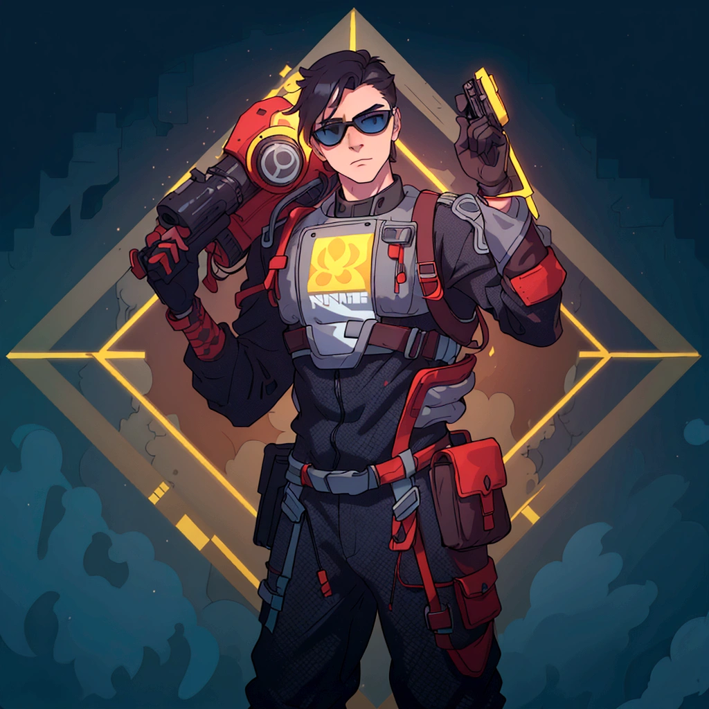 In the center of a vibrant digital artwork, a male character stands confidently with his hands on his hips. He is adorned in a sleek gray and red suit that is equipped with a helmet and goggles, suggesting he might be prepared for an adventure or battle. His attire is completed with a pair of sunglasses, adding to his cool demeanor. In his right hand, he holds a gun, ready for action. The backdrop is a striking contrast with its blue and yellow geometric shapes, enhancing the overall futuristic theme of the image.