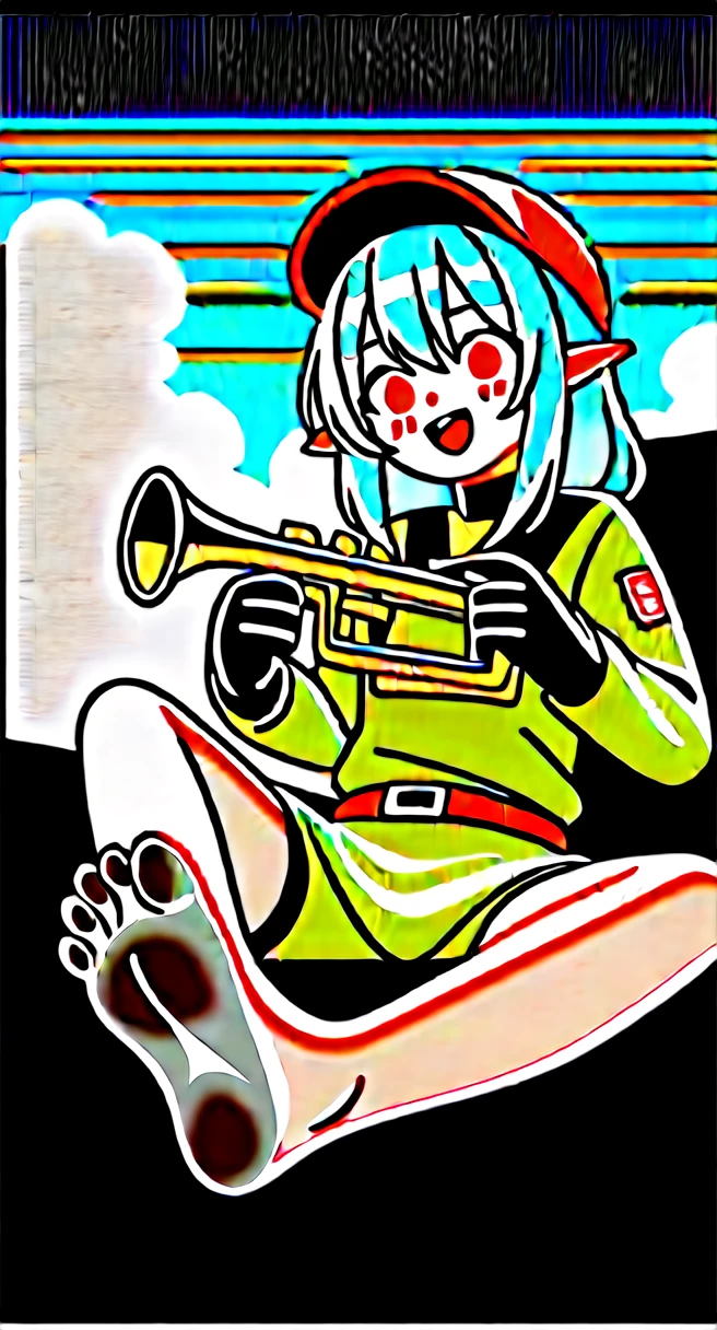 Fraction_9,Fraction_8_Direction_7_up,1 Girl,Mudstone (Ark of Tomorrow),dirty,foot,Gloves,helmet,trumpet,Sole,Red Eyes,赤foot,Pointed ears,breast,Solitary,Long hair,White hair,black Gloves,foot趾,cap,foot部焦点,Looking at the audience,sit,Sweat,Open your mouth,dirty foot,Keep,outdoor,sky空,Bangs,Oral disease damage (Ark of Tomorrow),sky,Smile,blush,demon trumpet,Infection monitors (Ark of Tomorrow),shorten,sun,