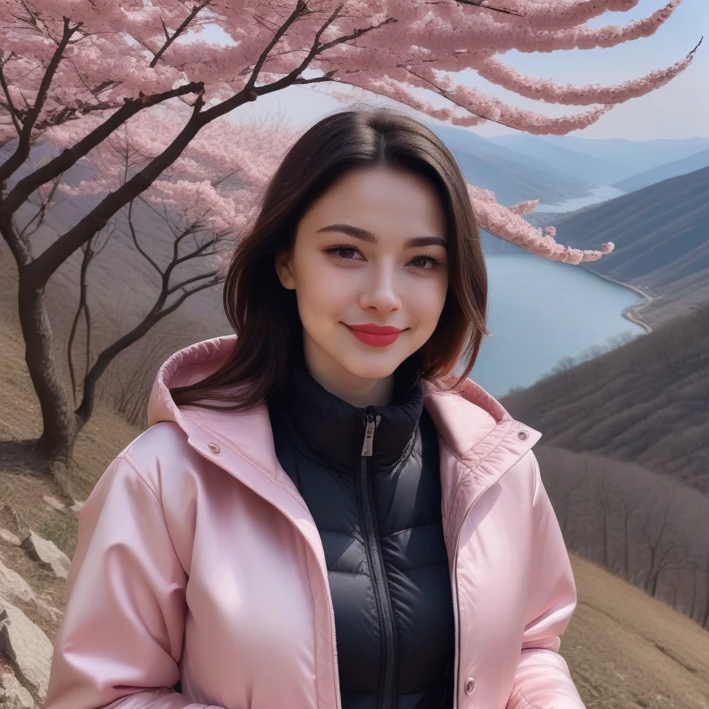 a photo of Dasha Taran, ohwx woman, wearing a palka jacket, on a mountain at cherry bloosom, dramatic cherry blosom leaves blow,  smile, best quality, detailed skin, cinematic 