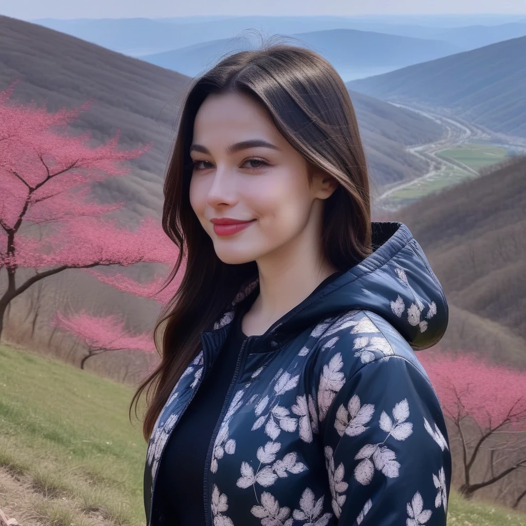 a photo of Dasha Taran, ohwx woman, wearing a palka jacket, on a mountain at cherry bloosom, dramatic cherry blosom leaves blow,  smile, best quality, detailed skin, cinematic 