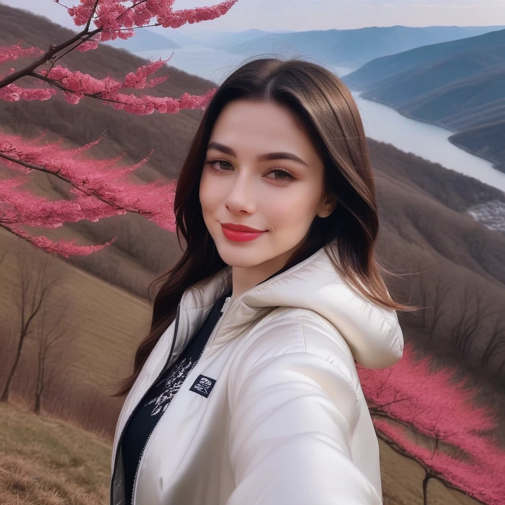 a photo of Dasha Taran, ohwx woman, wearing a palka jacket, on a mountain at cherry bloosom, dramatic cherry blosom leaves blow,  smile, best quality, detailed skin, cinematic 