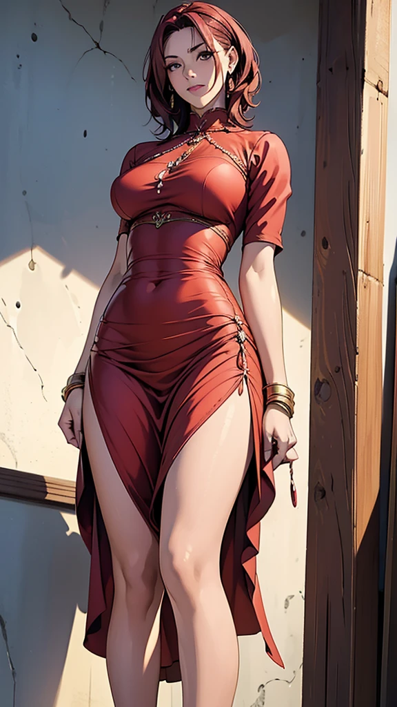 Best quality, 4k, high resolution, body stuck dress, perfect smile, gorgeous, light skin, (Malt S melromarc),red hair, wearing bodycorn dress,
Long sheeves, stuck in body, bodyfit outfit,
1 girl, short hair (malt''s haristyle), solo, seductive look, elegance and charm, (masterpiece, best quality, high resolution), looking at the viewer, standing, (intricate and beautiful:1.2), (detailed light:1.2), (soft light, side light), (high resolution textures) , holding leash in hand(chain leash), outdoor, Burmese girl,wearing bodycorn dress(red colour), wearing gorgeous jewelary, wearing high heels, wearing harness over the outfit ,outdoor background, sun light, attractive, sexy, mature and hot, milf,(masterpiece:1.3), (disorganized:1.3), (highest quality:1.3),perfect anatomy,detailed face, horizontal angle,hands,looking at viewer, (Super detailed:1.3),(best shadow:0.7), (treated hair),fine eyes, beautiful eyes, 1 middle aged woman, alone, standing, crystal earrings,closed_mouth, arm_behind_return, (Army uniform,tie), rest outdoors,
Thick thighs, thick ass, big ,arrogant face,