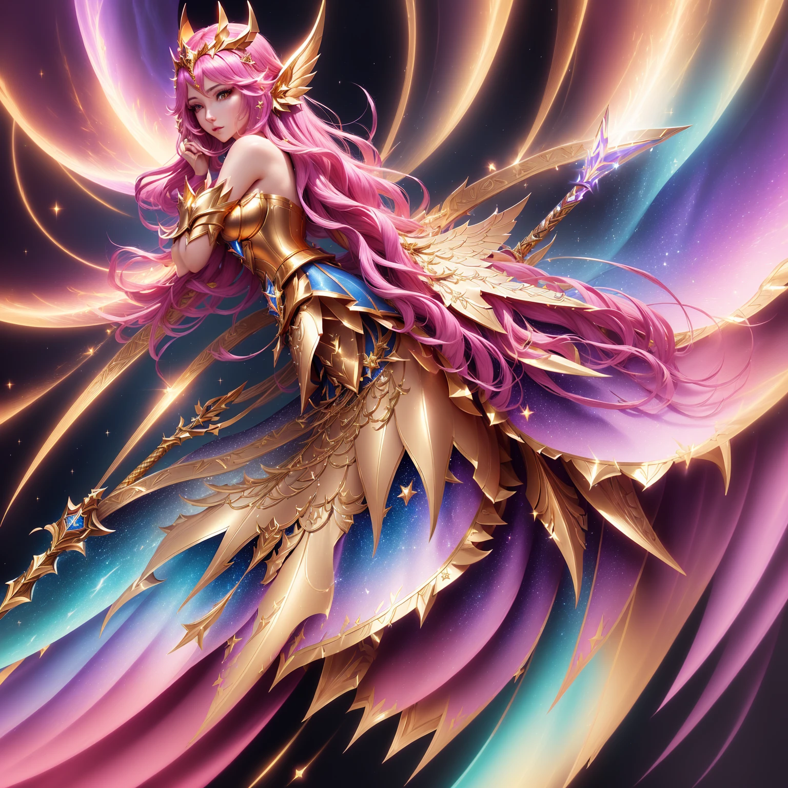 a woman in a gold outfit holding a sword and flying through the air, star guardian inspired, beautiful celestial mage, star guardians, seraphine ahri kda, portrait knights of zodiac girl, knights of zodiac girl, lux from league of legends, goddess checking her phone, official splash art, mystical valkyrie, extremely detailed artgerm, irelia