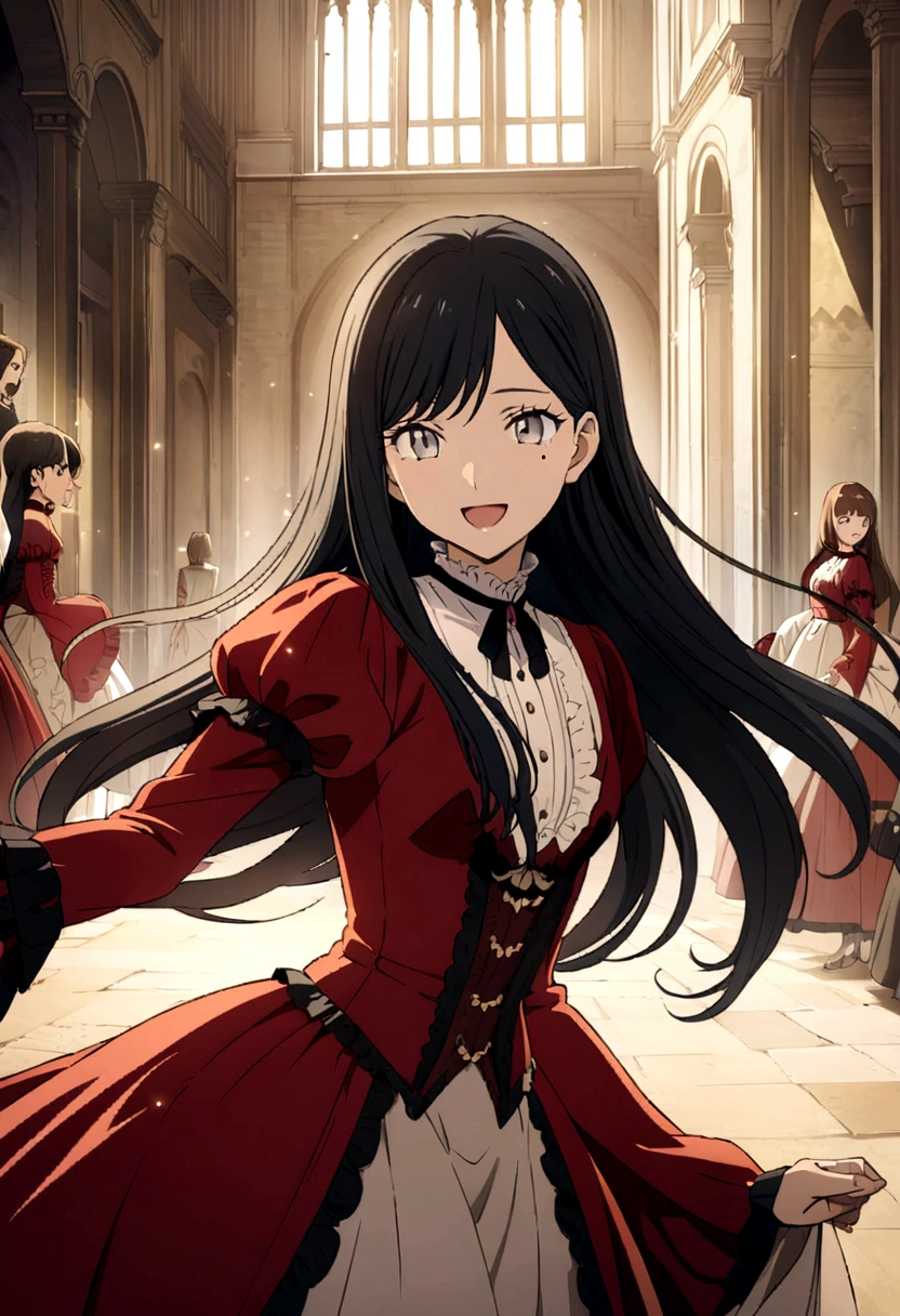 Victorian era in Europe, Women, perfect anime illustration, beautiful, happy, elegante y amable Women, light brown skin, sincere eyes, grey eyes, long hair, straight hair, black hair, wears red Victorian clothing, mole on one side of the eye, Best Quality, Masterpiece